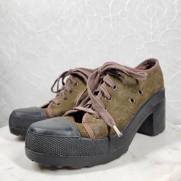 No Parking Oxford Heels Womens 8.5 Green Suede Lace up Utility Chunky Platform - Picture 7 of 14